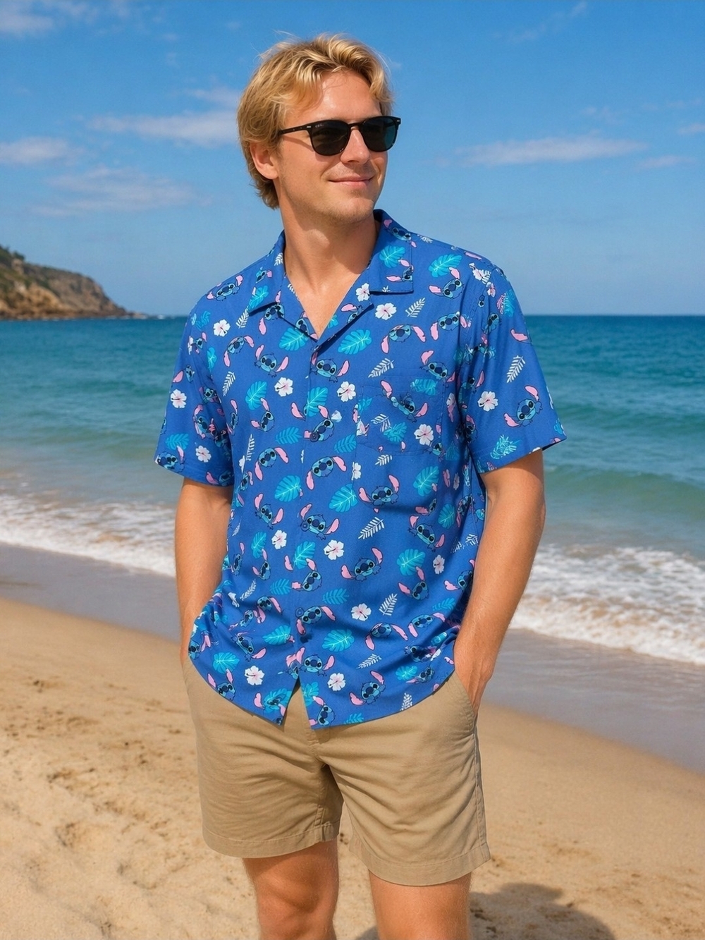 NWT Disney Blue Stitch & Floral Short-Sleeve Button-Down Shirt. Sz M